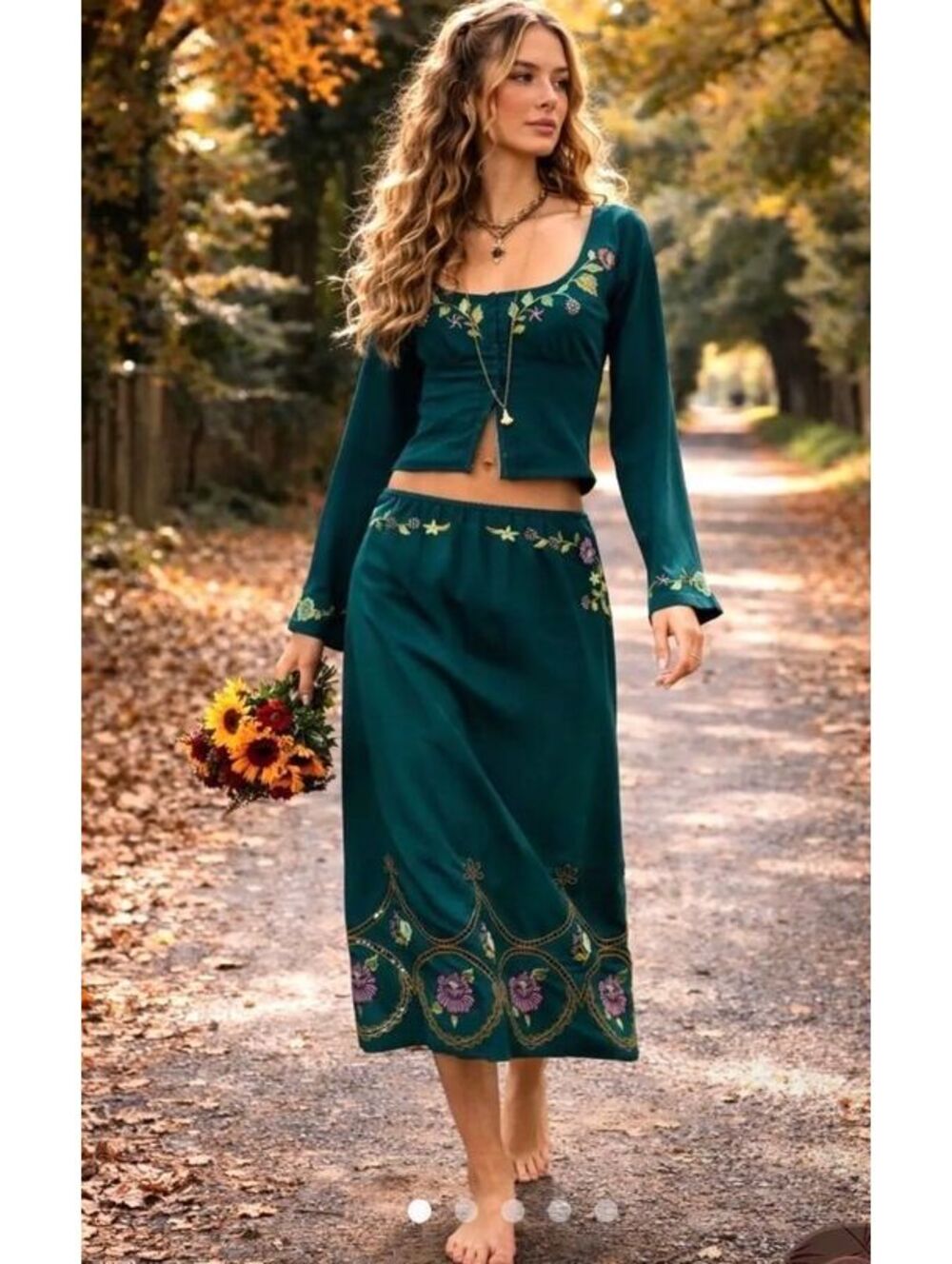 Free People Autumn Bloom Midi Skirt Set in Forest Combo
